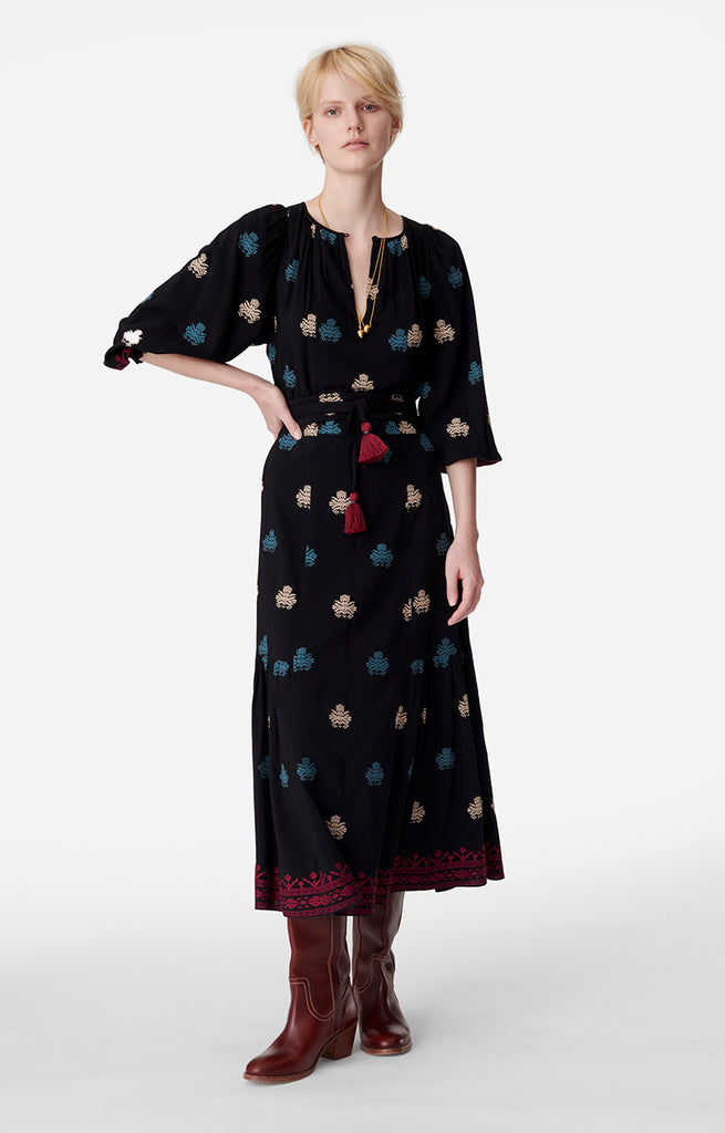 Arabelle Dress in Black with Threaded Embroidery Pattern by Vanessa Bruno