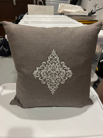 Regalia Gray Linen Embroidered Square Pillow by Aandaz -- FLoor Sample