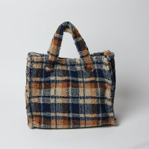 Small Teddy Faux Fur Tote in Navy Plaid by Hat Attack