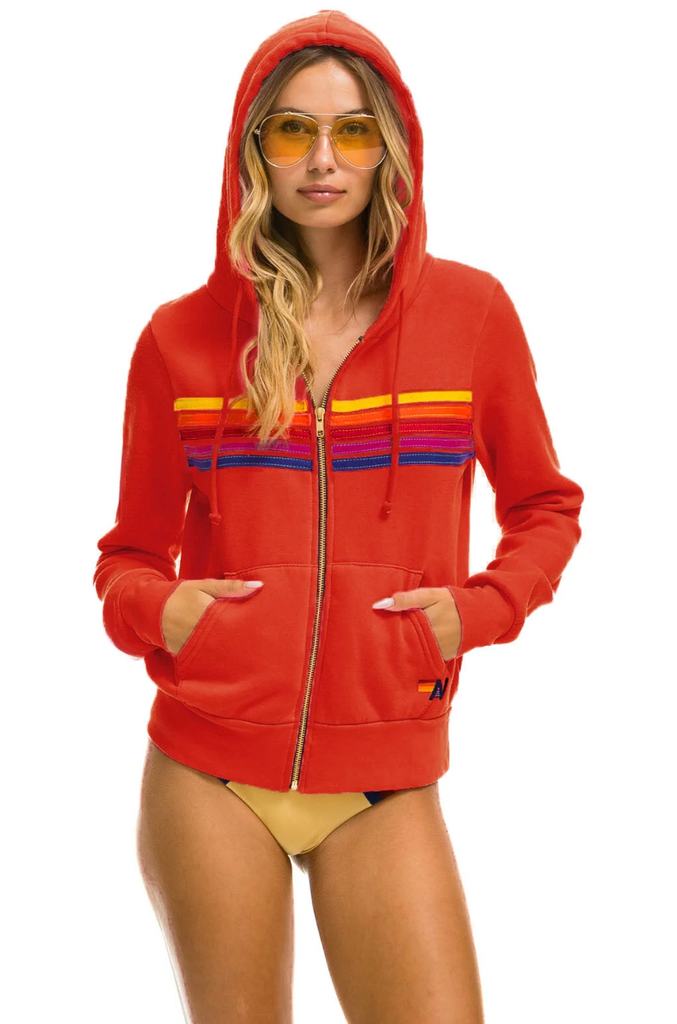 NEW 5 Stripe Relaxed Zip Hoodie in Red with Neon Rainbow by Aviator Na –  The Perfect Provenance