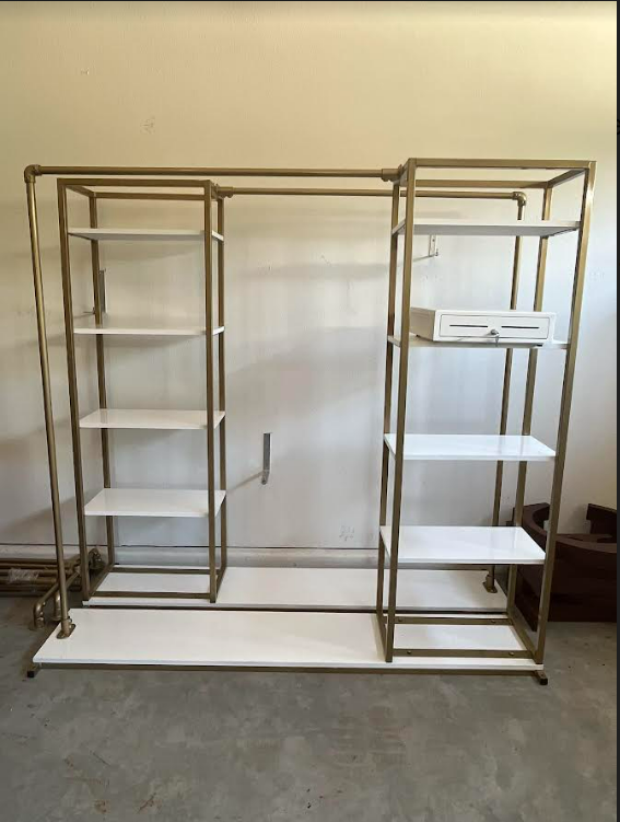 Two Custom Made Retail Racks with Shelves in Bronze and White -- Local Pick Up Only