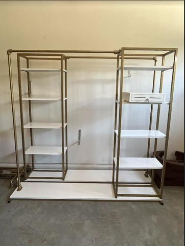 Two Custom Made Retail Racks with Shelves in Bronze and White -- Local Pick Up Only