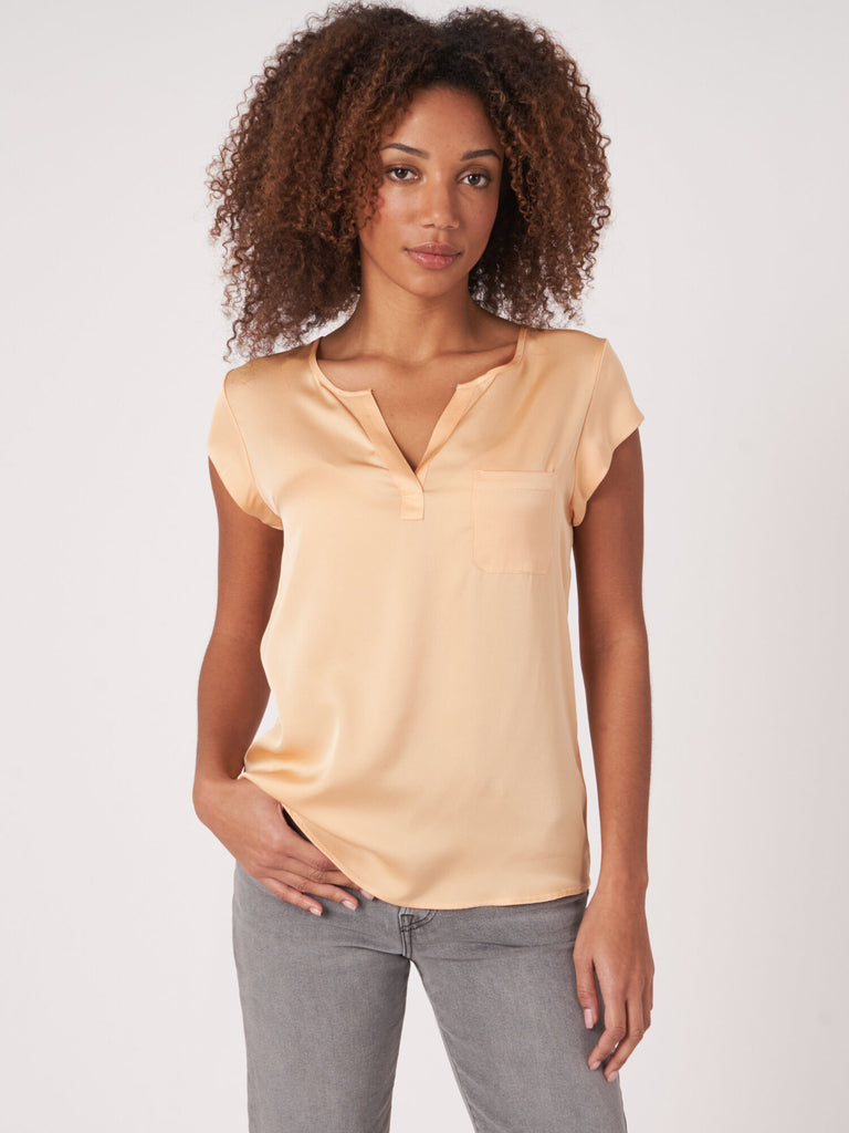 Short Sleeve Silk Blouse in Glow Orange by Repeat Cashmere – The