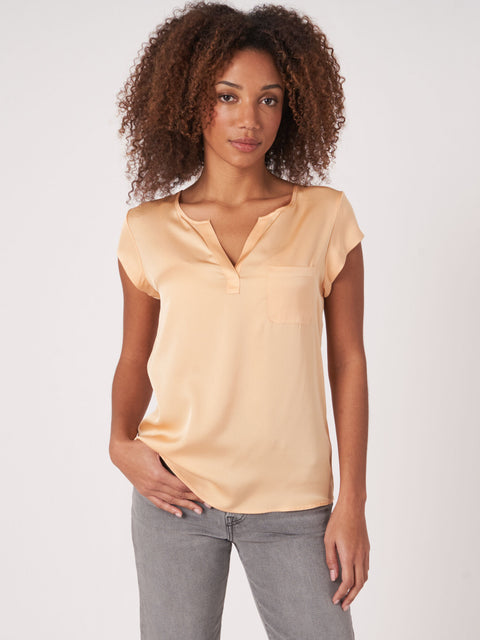 Short Sleeve Silk Blouse in Glow Orange by Repeat Cashmere - The Perfect Provenance