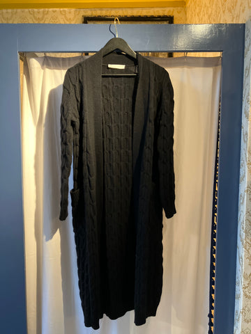 Long Cable Knit Cashmere Cardigan in Black by The Perfect Provenance Luxury Cashmere Collection