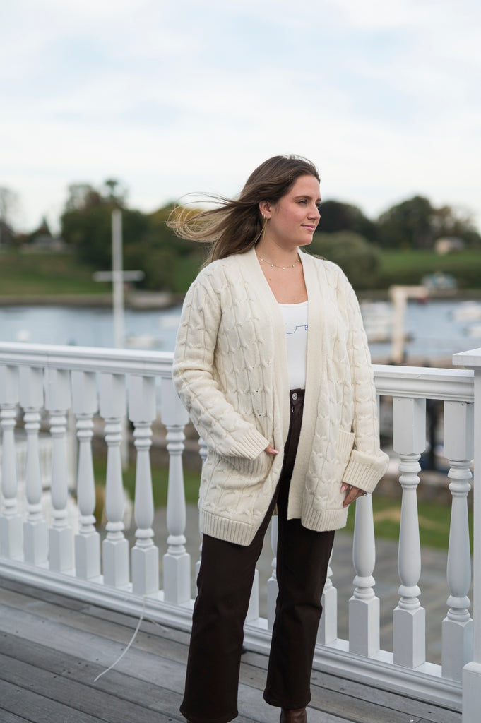 Mid-Length Cable Knit Cardigan in Champagne Beige by The Perfect Provenance Luxury Cashmere Collection - The Perfect Provenance