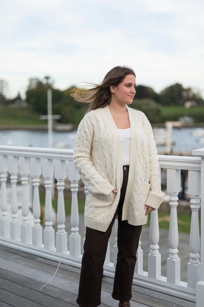 Mid-Length Cable Knit Cardigan in Champagne Beige by The Perfect Provenance Luxury Cashmere Collection - The Perfect Provenance