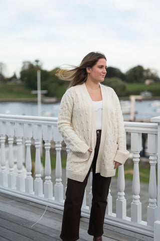 Mid-Length Cable Knit Cardigan in Champagne Beige by The Perfect Provenance Luxury Cashmere Collection - The Perfect Provenance