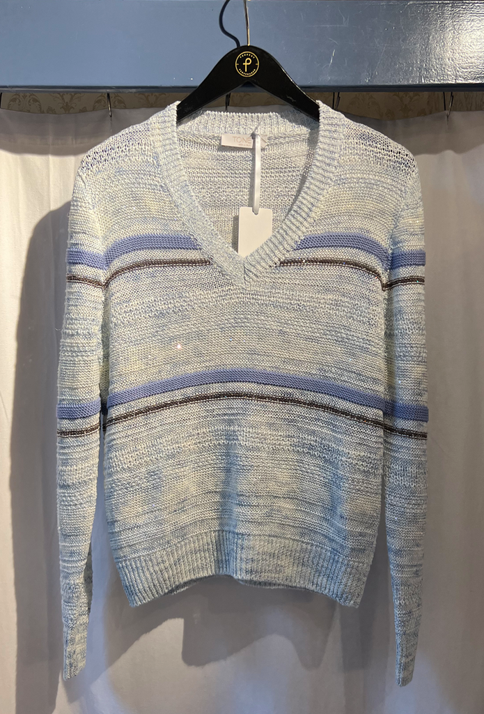 Grey & Blue Stripe V Neck Sweater By TONET