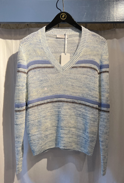 Grey & Blue Stripe V Neck Sweater By TONET - The Perfect Provenance
