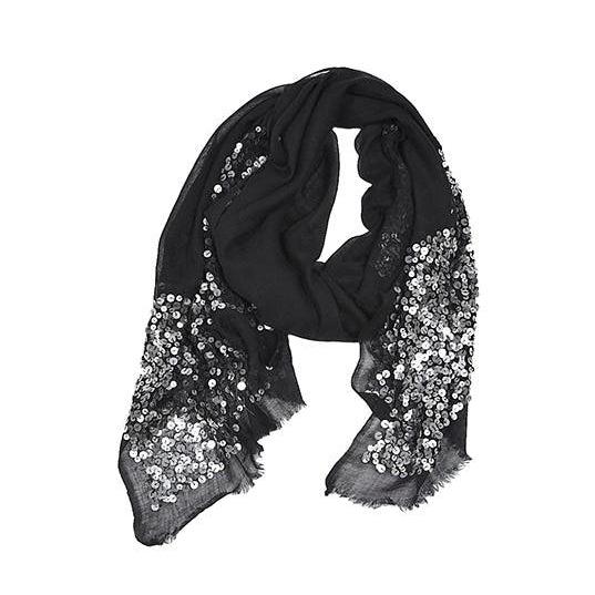 Black Silk Wool Blend Scarf with Sequins - The Perfect Provenance